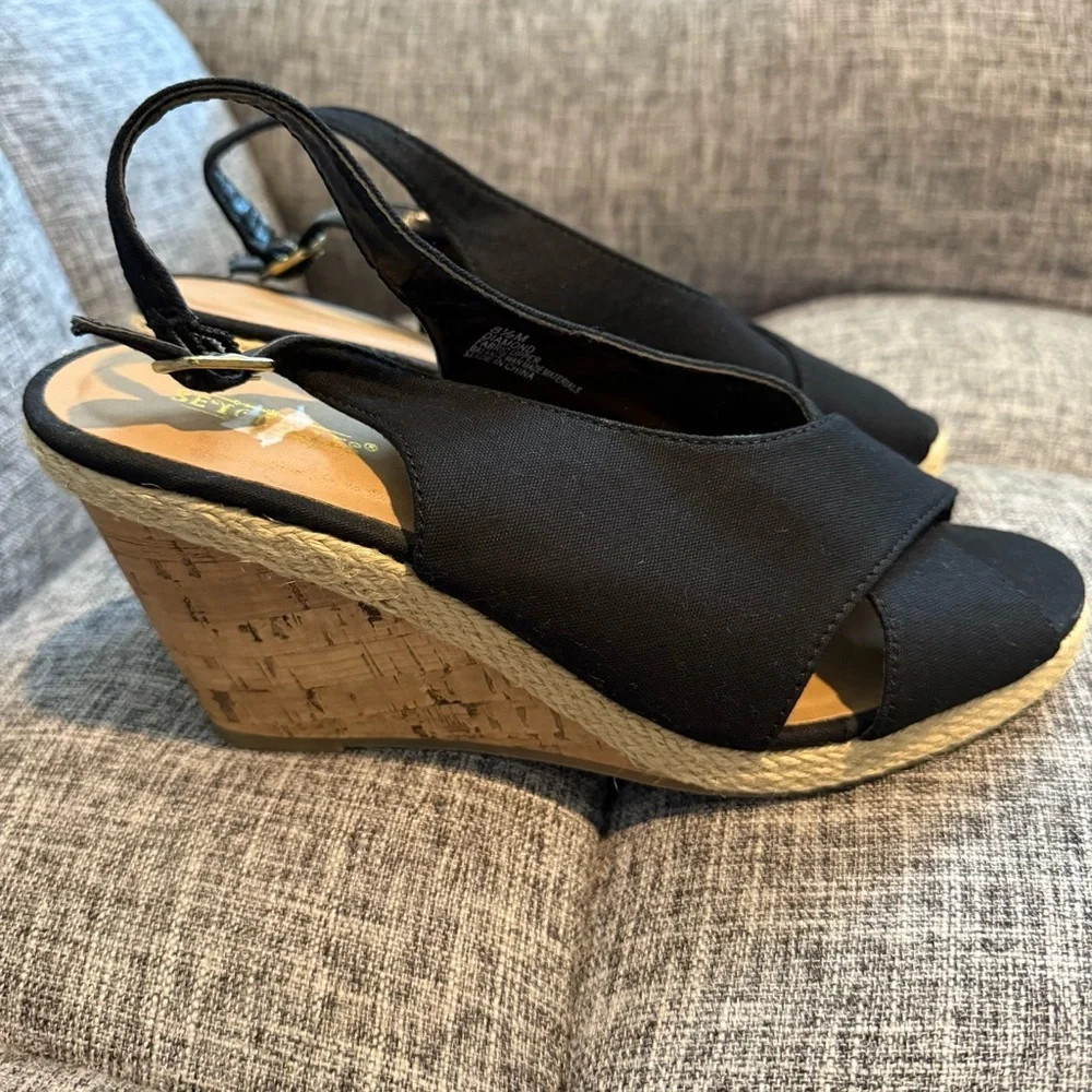 Seychelles Diamond Black Canvas Cork Wedge Slingback Sandals Women's Size 8.5